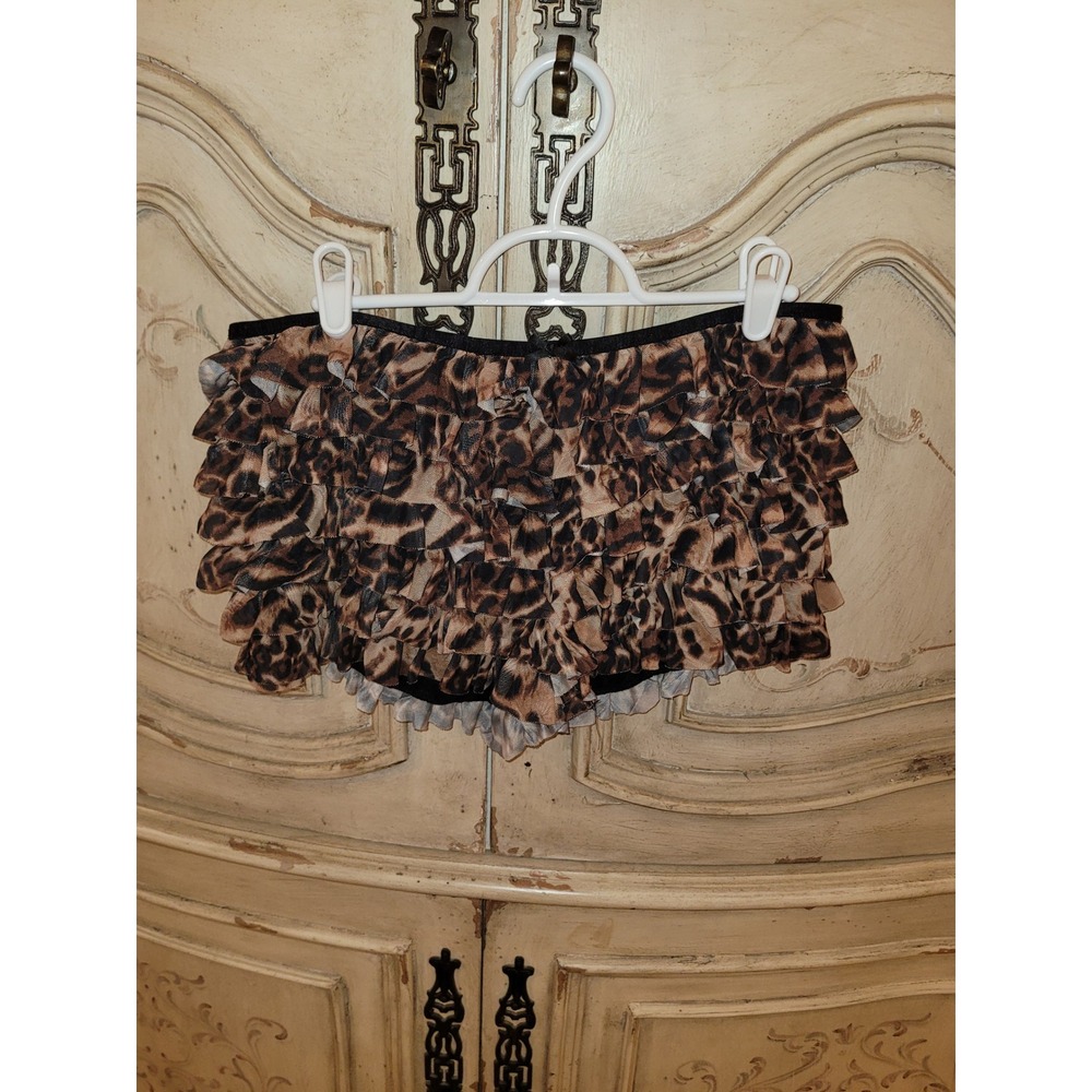 Leopard Print Ruffled Mesh Panties Brown Black Animal Tiered Lingerie Bow Accent